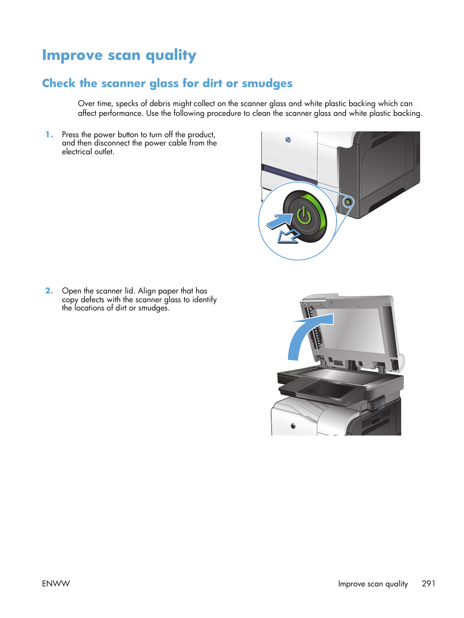 Improve scan quality, Check the scanner glass for dirt or smudges | HP LaserJet Enterprise 500 Color MFP M575 User Manual | Page 307 / 354