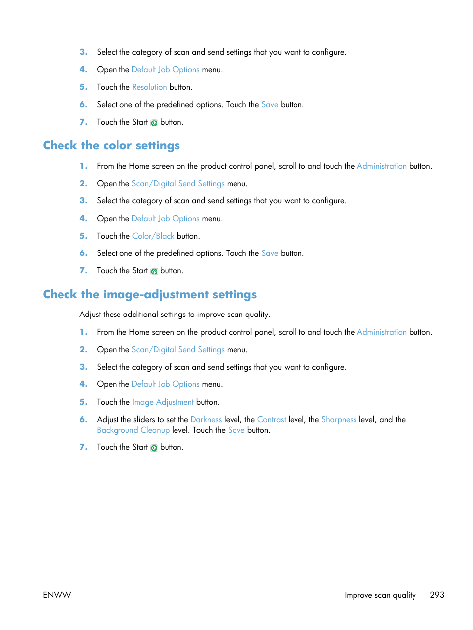 Check the color settings, Check the image-adjustment settings | HP LaserJet Enterprise 500 Color MFP M575 User Manual | Page 309 / 354