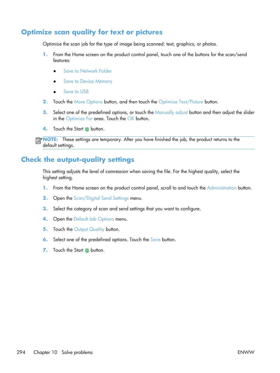 Optimize scan quality for text or pictures, Check the output-quality settings | HP LaserJet Enterprise 500 Color MFP M575 User Manual | Page 310 / 354