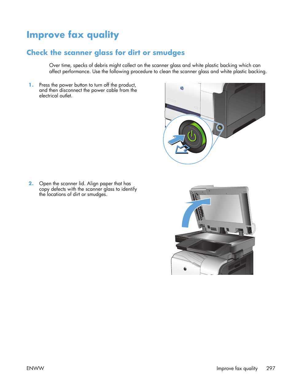 Improve fax quality, Check the scanner glass for dirt or smudges | HP LaserJet Enterprise 500 Color MFP M575 User Manual | Page 313 / 354