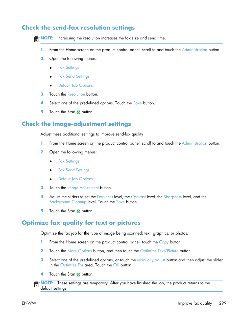 Check the send-fax resolution settings, Check the image-adjustment settings, Optimize fax quality for text or pictures | HP LaserJet Enterprise 500 Color MFP M575 User Manual | Page 315 / 354