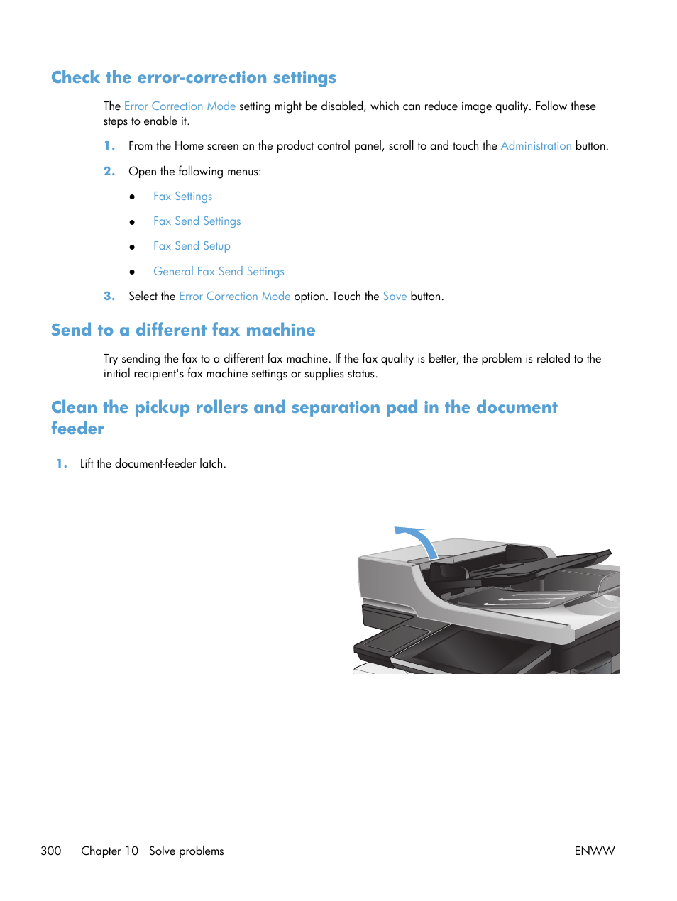 Check the error-correction settings, Send to a different fax machine | HP LaserJet Enterprise 500 Color MFP M575 User Manual | Page 316 / 354