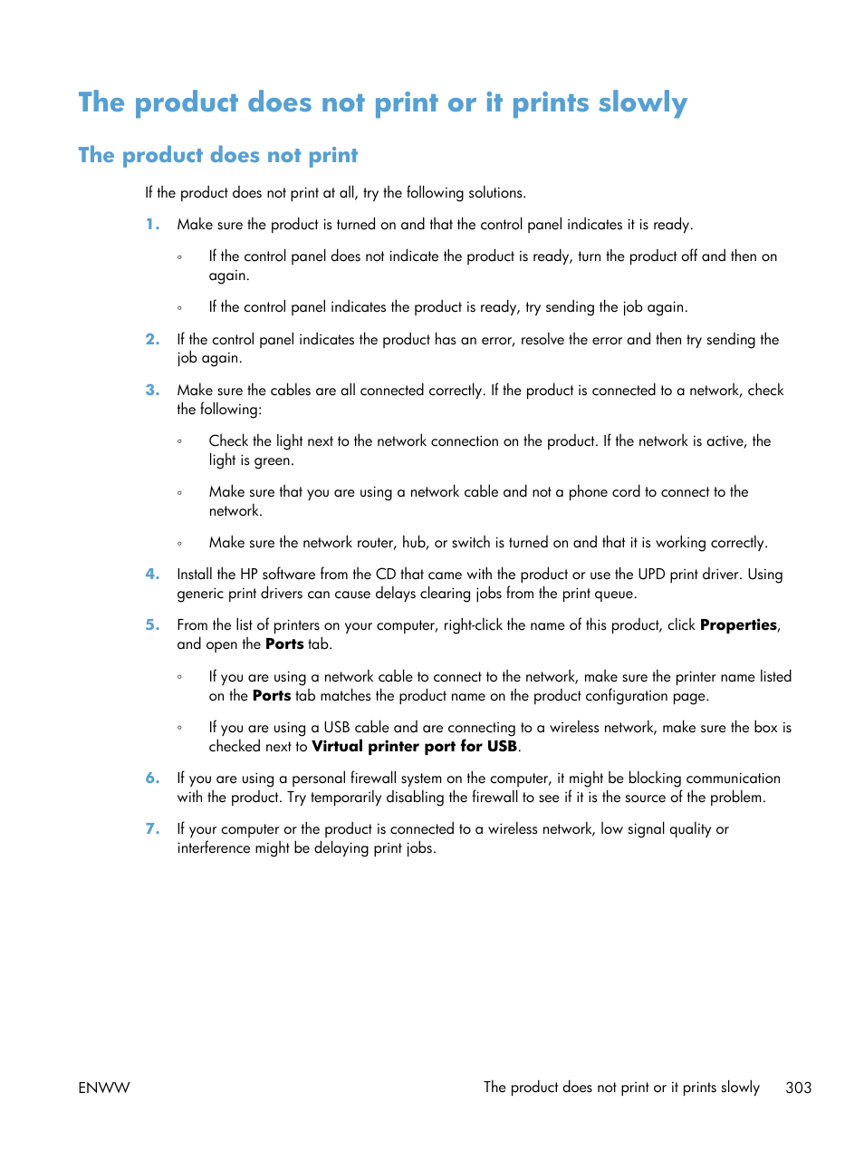 The product does not print or it prints slowly, The product does not print | HP LaserJet Enterprise 500 Color MFP M575 User Manual | Page 319 / 354