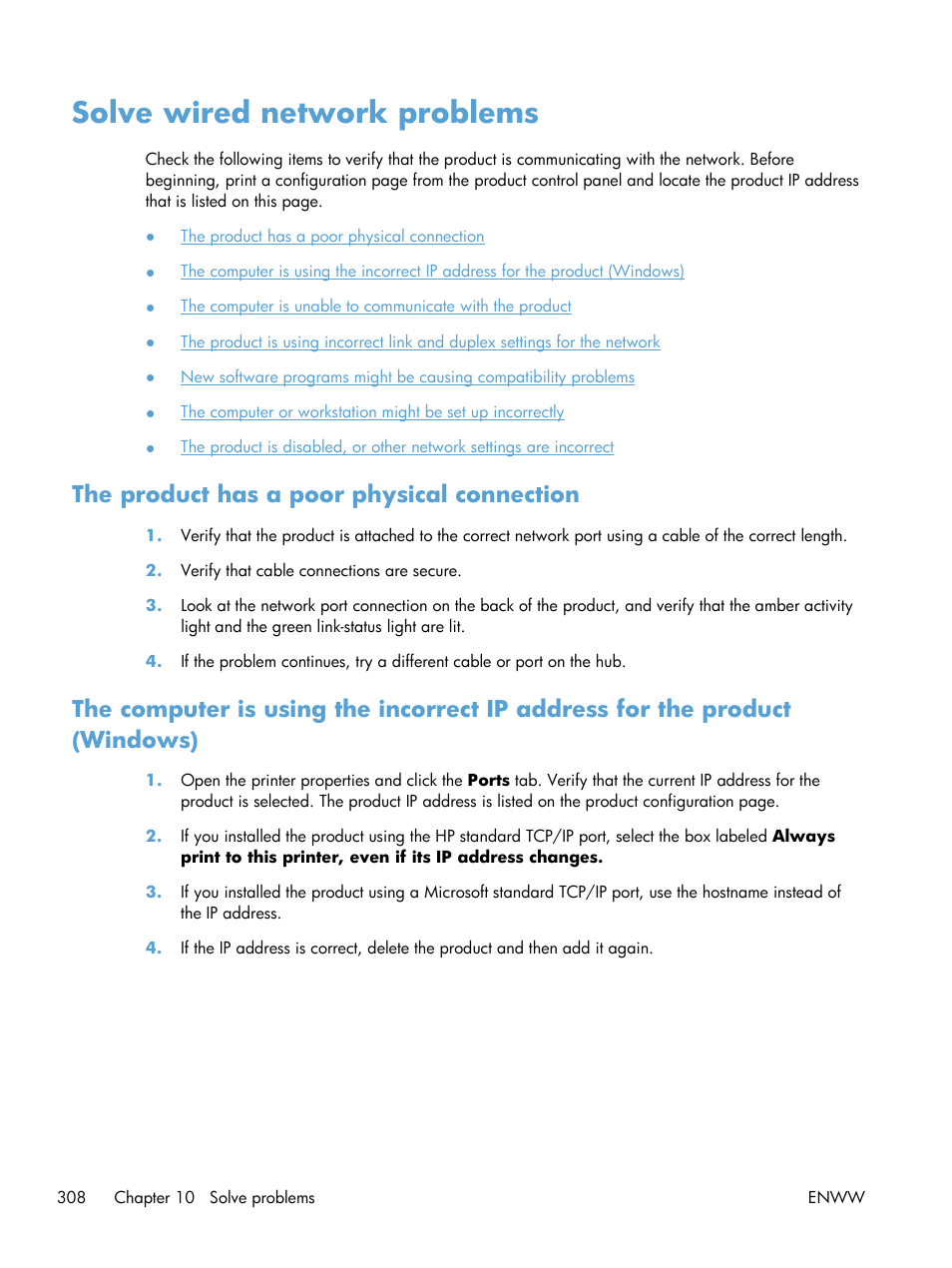 Solve wired network problems, The product has a poor physical connection | HP LaserJet Enterprise 500 Color MFP M575 User Manual | Page 324 / 354