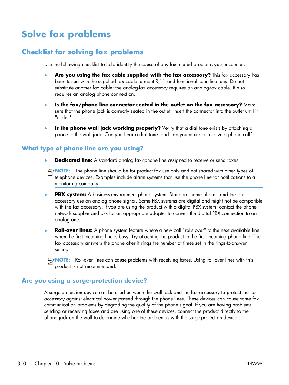 Solve fax problems, Checklist for solving fax problems, What type of phone line are you using | Are you using a surge-protection device | HP LaserJet Enterprise 500 Color MFP M575 User Manual | Page 326 / 354