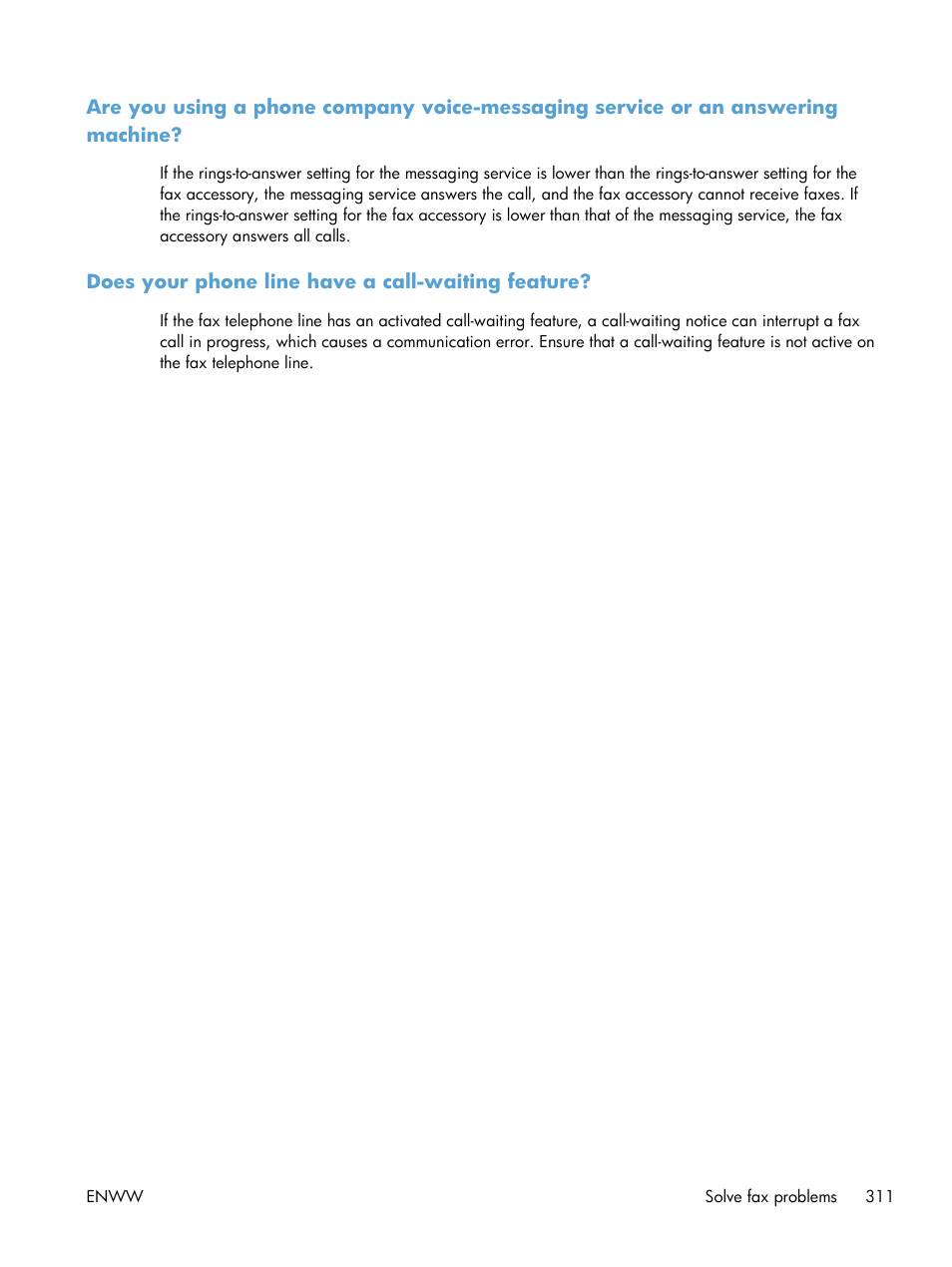 Does your phone line have a call-waiting feature | HP LaserJet Enterprise 500 Color MFP M575 User Manual | Page 327 / 354