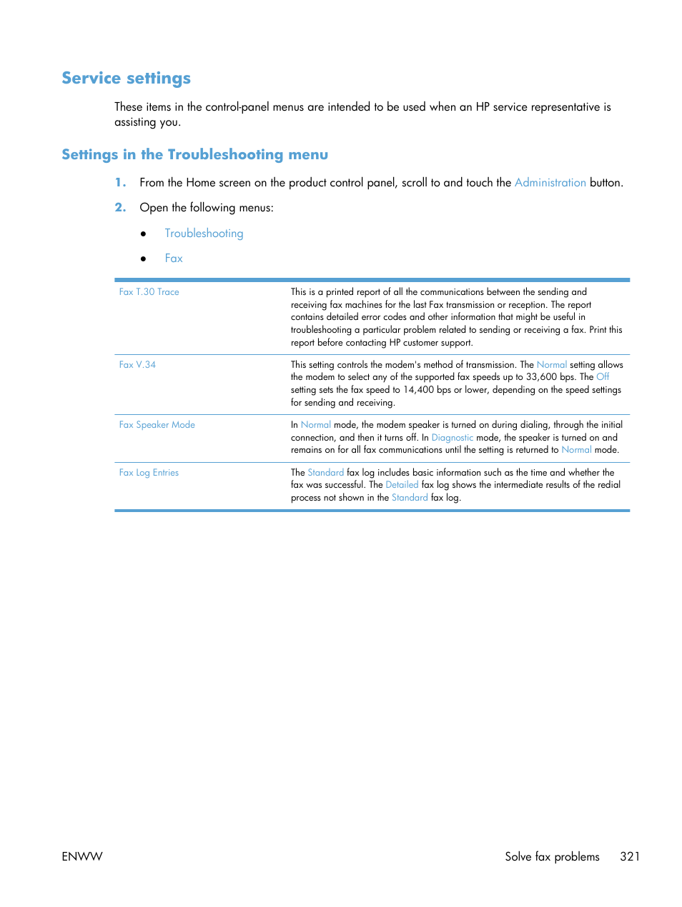 Service settings, Settings in the troubleshooting menu | HP LaserJet Enterprise 500 Color MFP M575 User Manual | Page 337 / 354