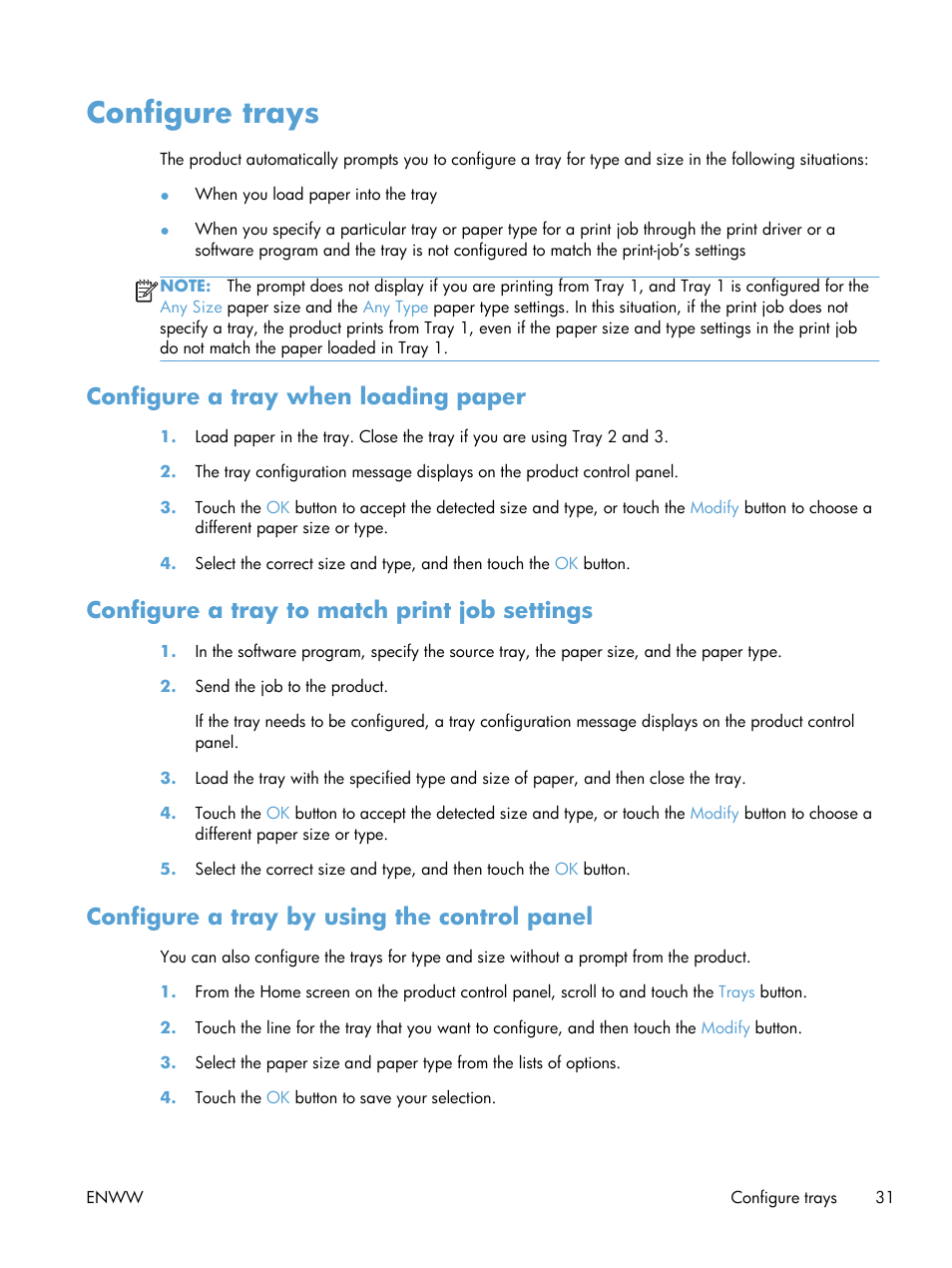 Configure trays, Configure a tray when loading paper, Configure a tray to match print job settings | Configure a tray by using the control panel | HP LaserJet Enterprise 500 Color MFP M575 User Manual | Page 47 / 354