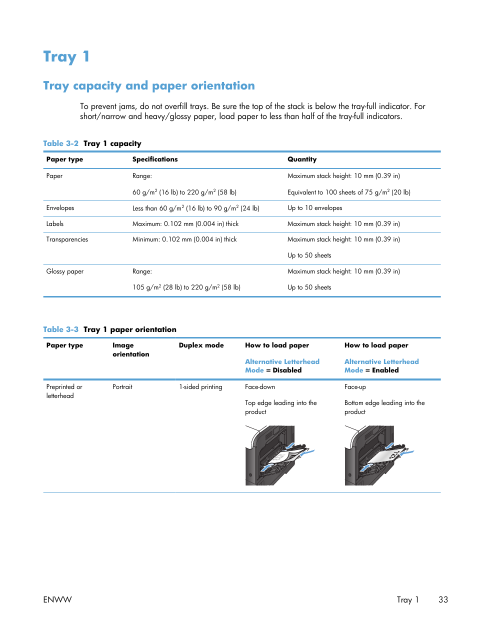 Tray 1, Tray capacity and paper orientation, Enww tray 1 33 | HP LaserJet Enterprise 500 Color MFP M575 User Manual | Page 49 / 354