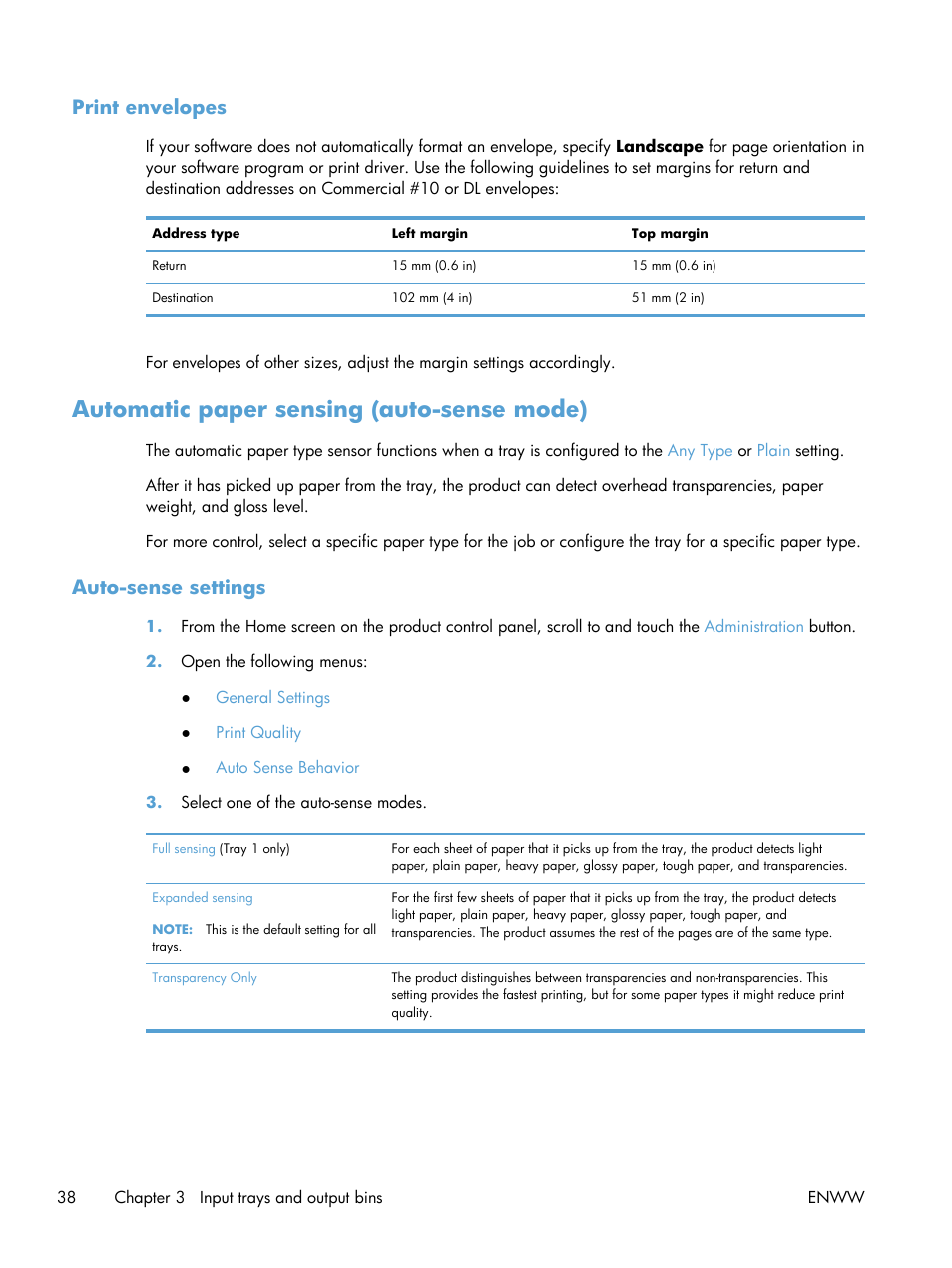 Print envelopes, Automatic paper sensing (auto-sense mode), Auto-sense settings | HP LaserJet Enterprise 500 Color MFP M575 User Manual | Page 54 / 354