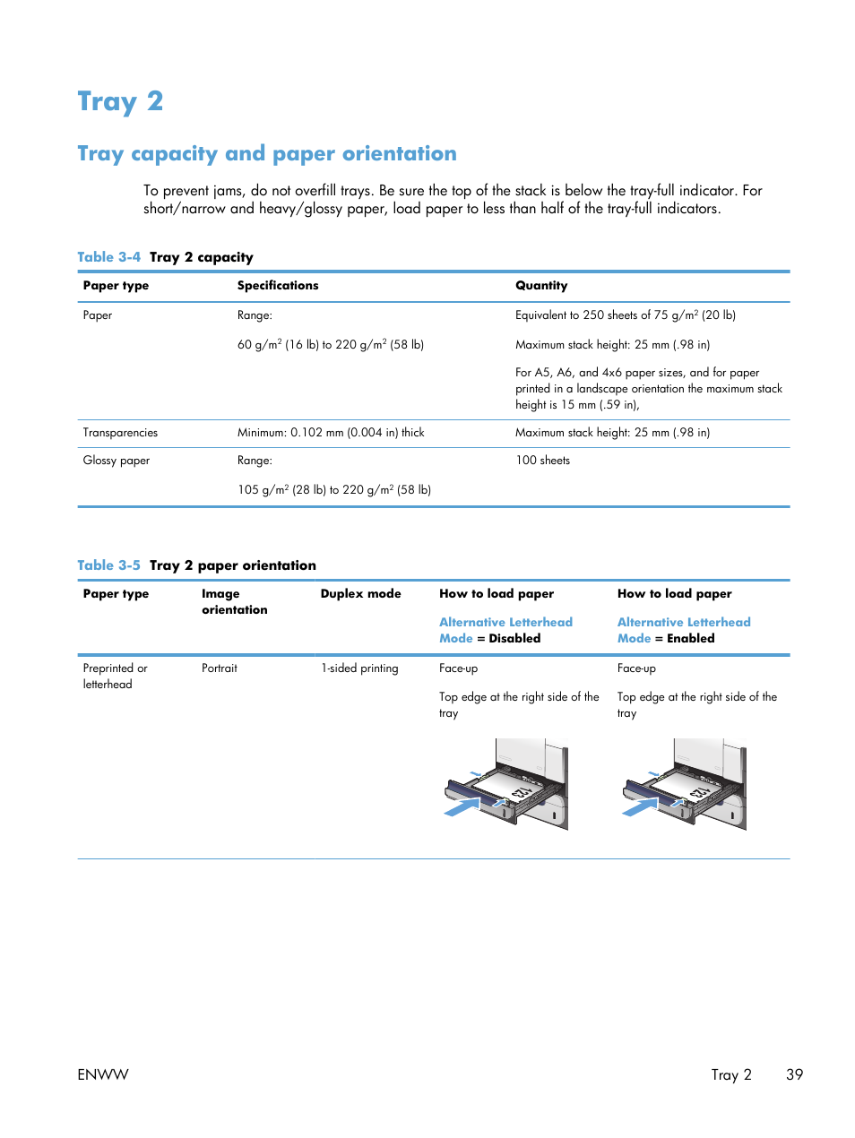 Tray 2, Tray capacity and paper orientation | HP LaserJet Enterprise 500 Color MFP M575 User Manual | Page 55 / 354