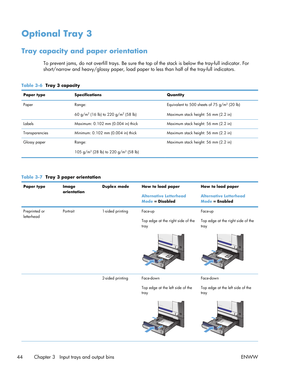 Optional tray 3, Tray capacity and paper orientation | HP LaserJet Enterprise 500 Color MFP M575 User Manual | Page 60 / 354