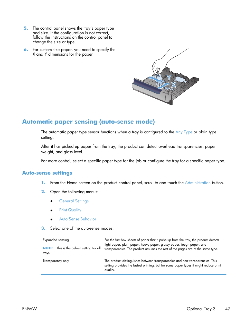 Automatic paper sensing (auto-sense mode), Auto-sense settings | HP LaserJet Enterprise 500 Color MFP M575 User Manual | Page 63 / 354