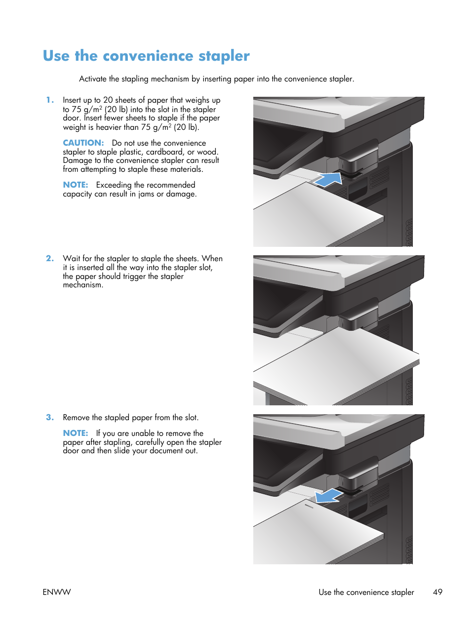 Use the convenience stapler | HP LaserJet Enterprise 500 Color MFP M575 User Manual | Page 65 / 354