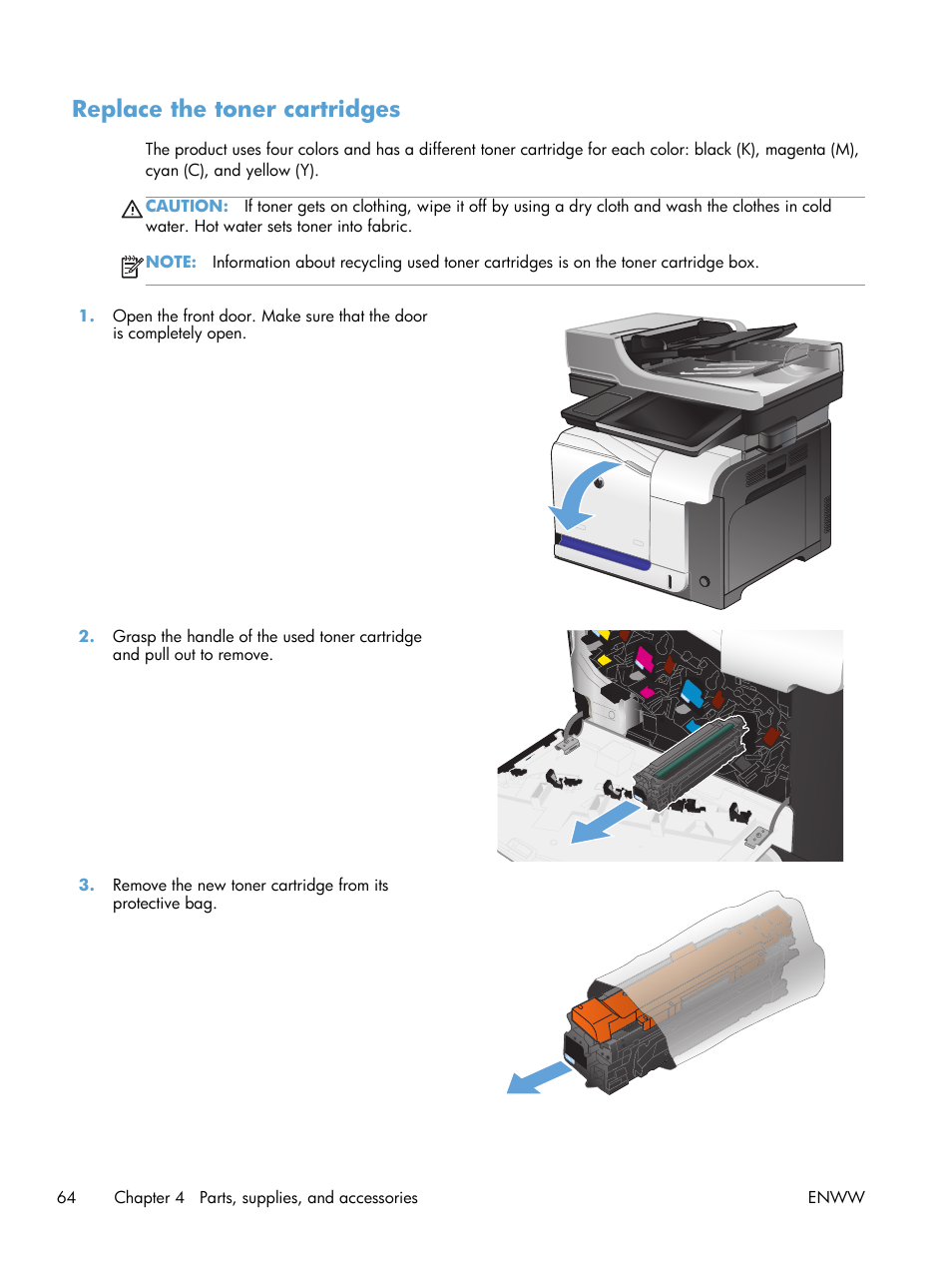 Replace the toner cartridges | HP LaserJet Enterprise 500 Color MFP M575 User Manual | Page 80 / 354