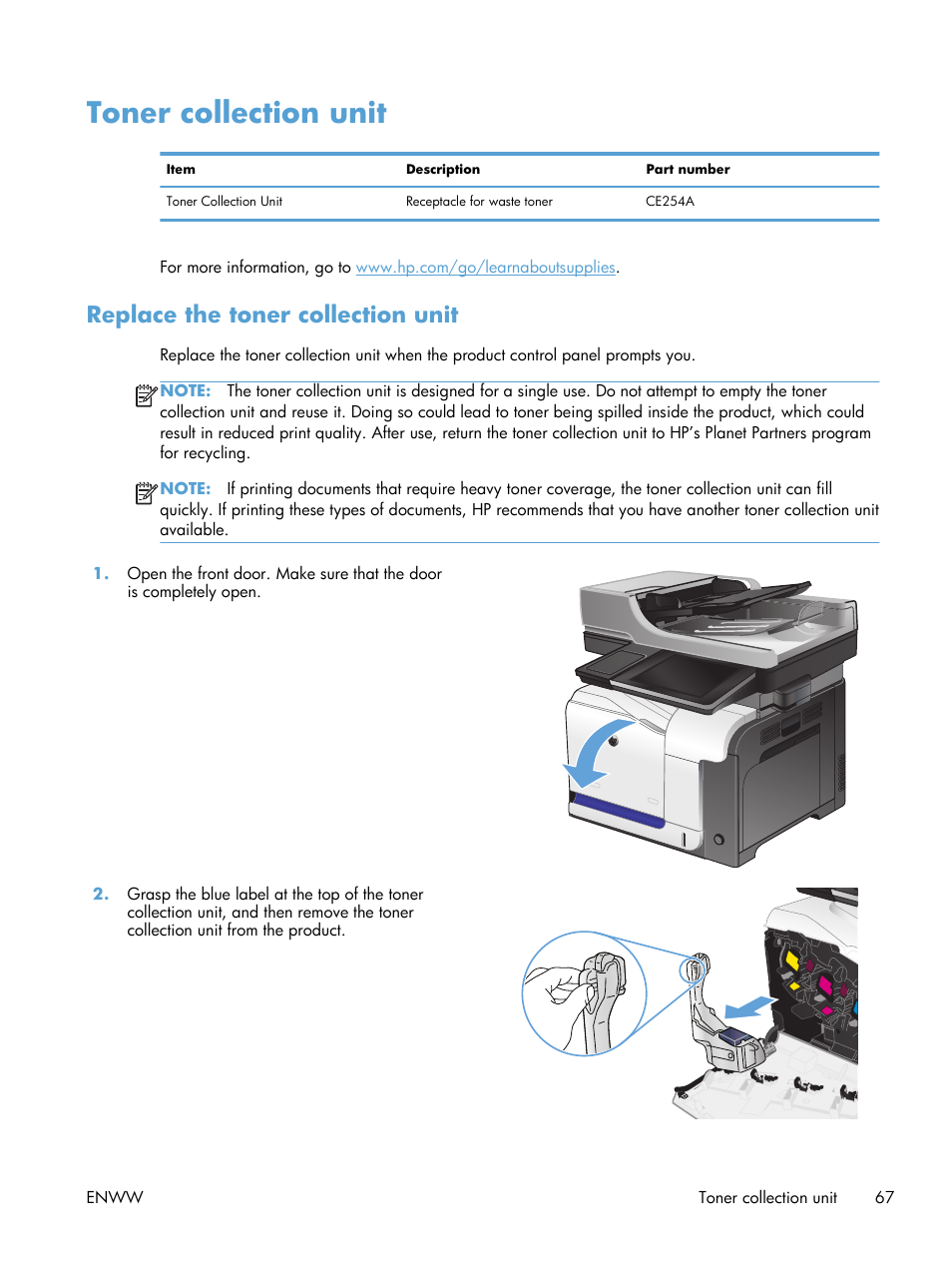 Toner collection unit, Replace the toner collection unit | HP LaserJet Enterprise 500 Color MFP M575 User Manual | Page 83 / 354