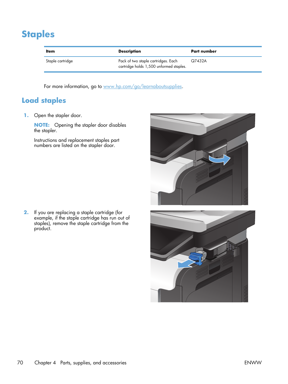 Staples, Load staples | HP LaserJet Enterprise 500 Color MFP M575 User Manual | Page 86 / 354