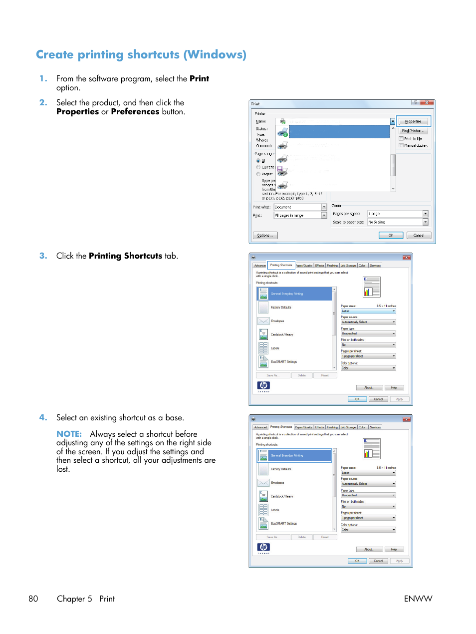 Create printing shortcuts (windows) | HP LaserJet Enterprise 500 Color MFP M575 User Manual | Page 96 / 354