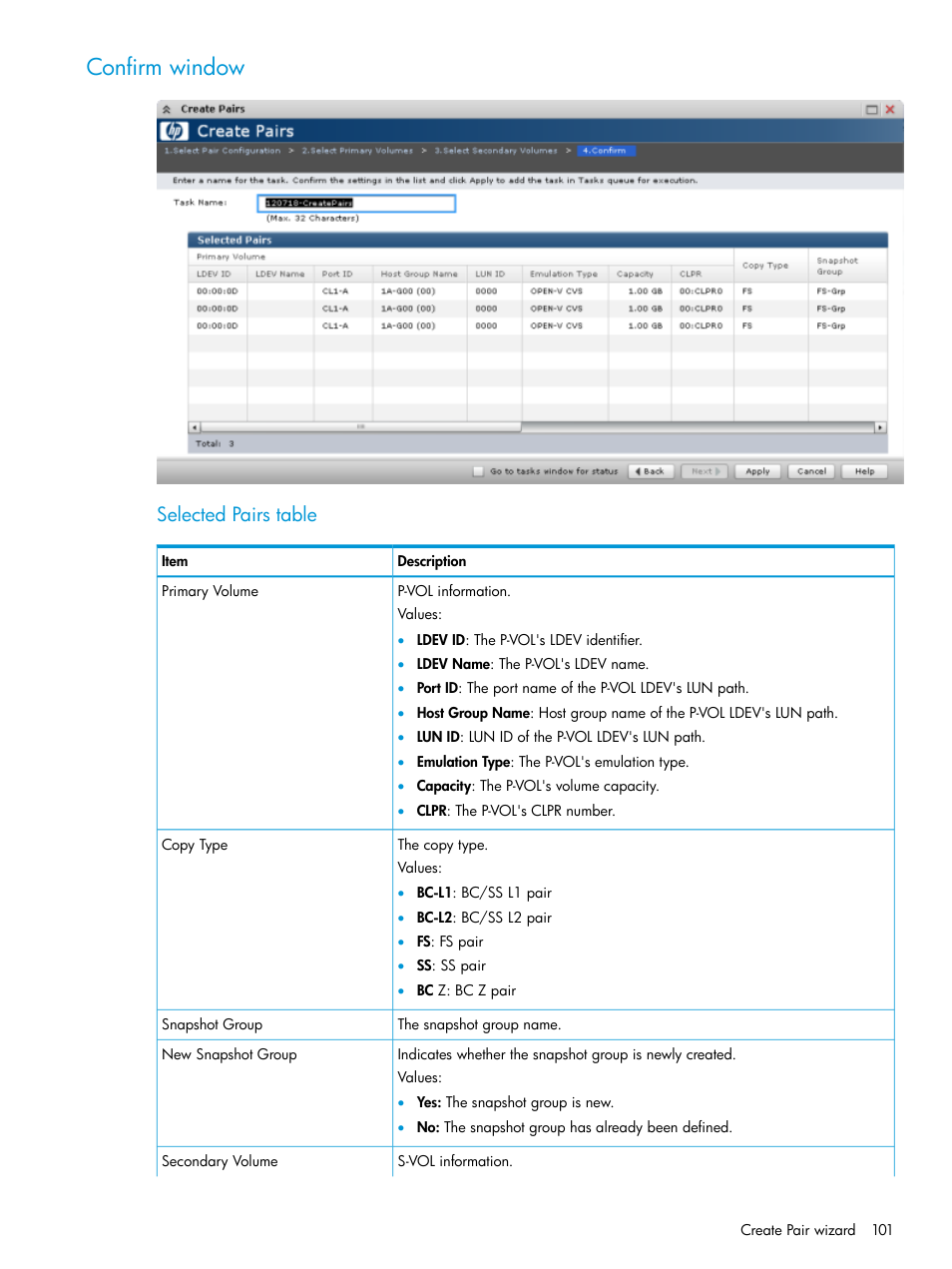 Confirm window, Selected pairs table | HP XP P9500 Storage User Manual | Page 101 / 116