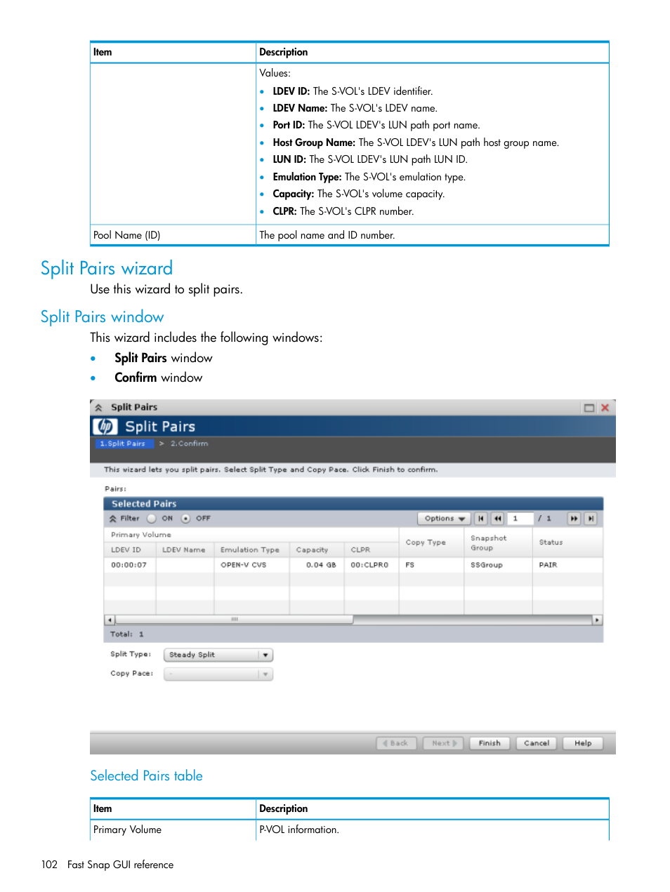Split pairs wizard, Split pairs window, Selected pairs table | HP XP P9500 Storage User Manual | Page 102 / 116
