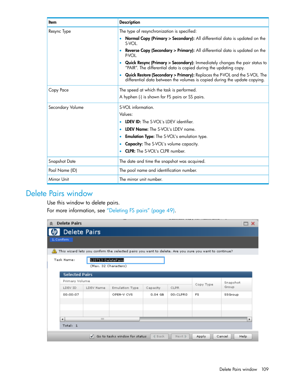 Delete pairs window | HP XP P9500 Storage User Manual | Page 109 / 116