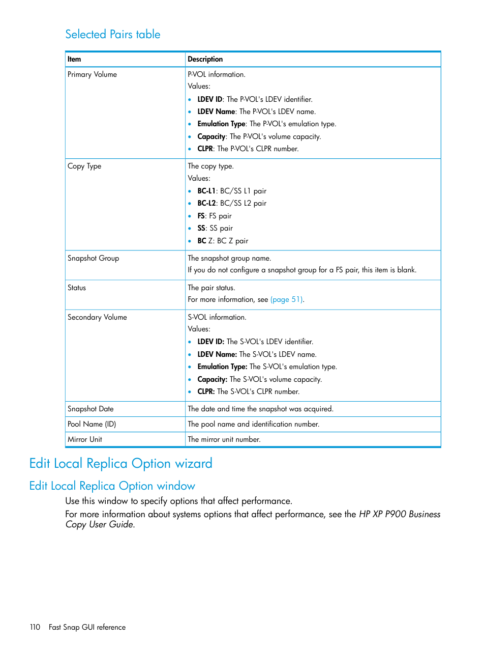 Edit local replica option wizard, Edit local replica option window, Selected pairs table | HP XP P9500 Storage User Manual | Page 110 / 116