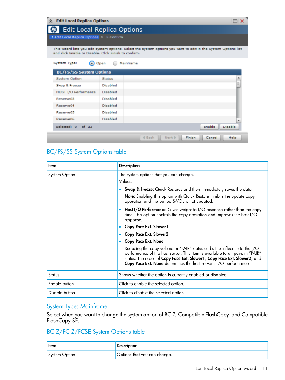 Bc/fs/ss system options table, System type: mainframe, Bc z/fc z/fcse system options table | HP XP P9500 Storage User Manual | Page 111 / 116