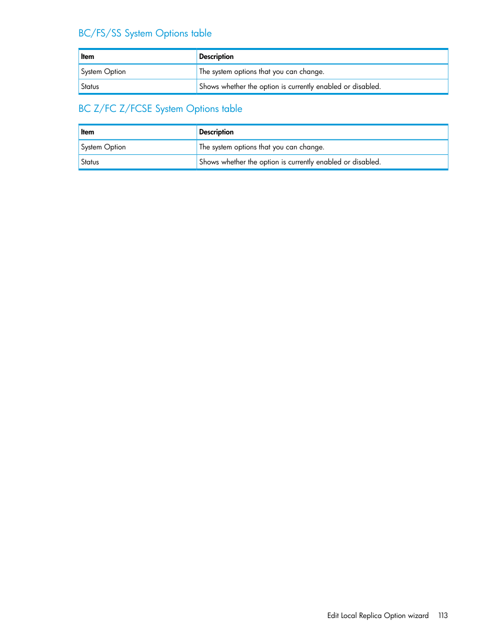 Bc/fs/ss system options table, Bc z/fc z/fcse system options table | HP XP P9500 Storage User Manual | Page 113 / 116