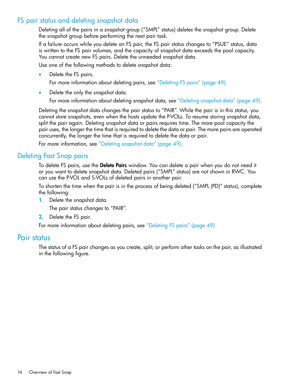 Fs pair status and deleting snapshot data, Deleting fast snap pairs, Pair status | HP XP P9500 Storage User Manual | Page 14 / 116