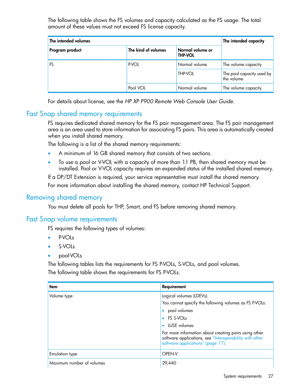 Fast snap shared memory requirements, Removing shared memory, Fast snap volume requirements | HP XP P9500 Storage User Manual | Page 27 / 116