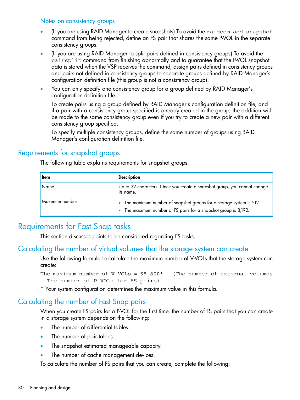Requirements for snapshot groups, Requirements for fast snap tasks, Calculating the number of fast snap pairs | Calculating the number of fast snap, Calculating the number of virtual | HP XP P9500 Storage User Manual | Page 30 / 116