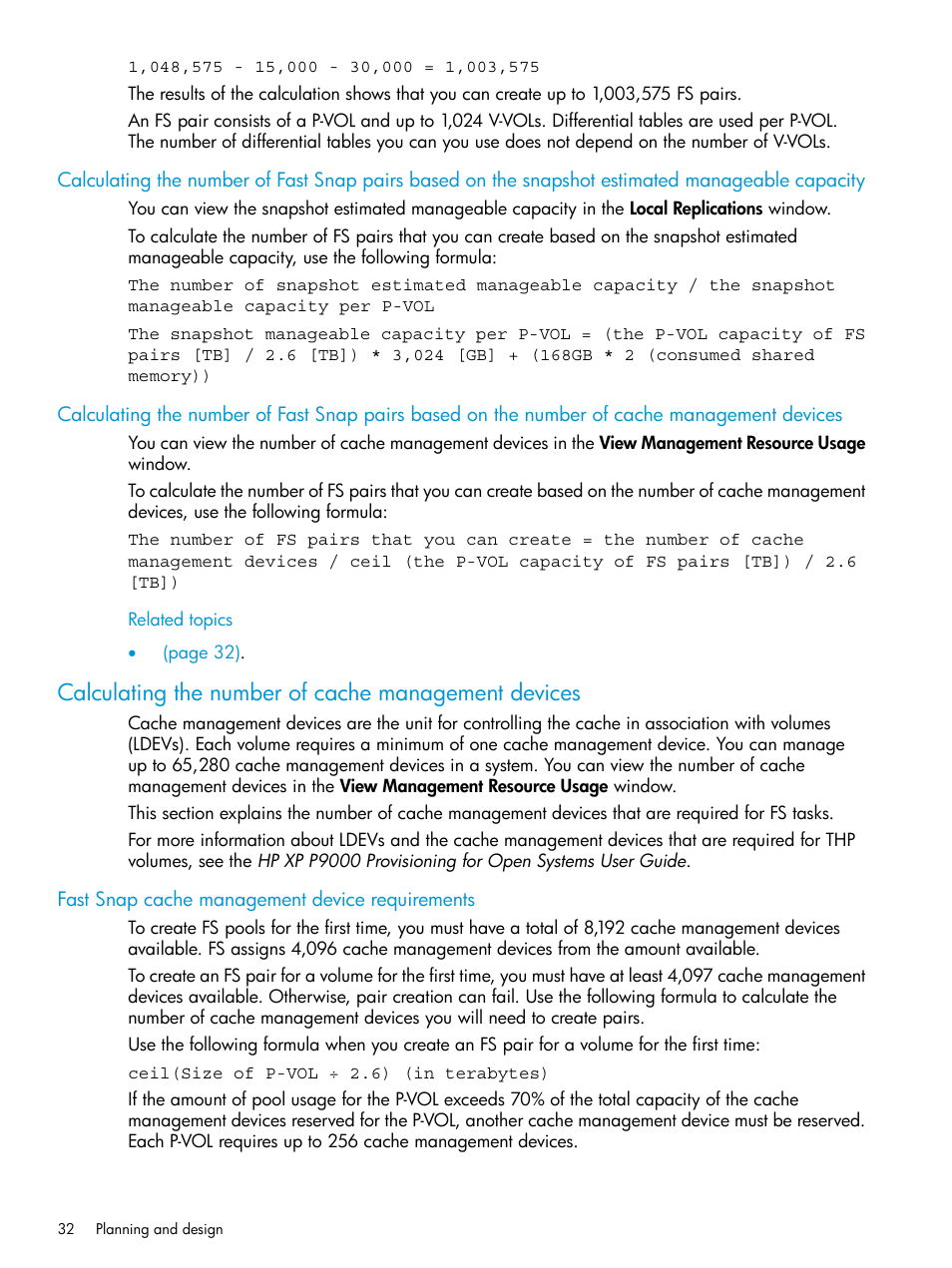Calculating the number of cache management devices, Fast snap cache management device requirements | HP XP P9500 Storage User Manual | Page 32 / 116