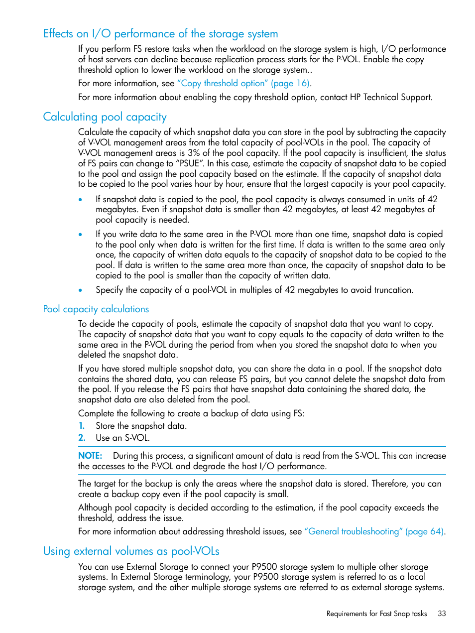 Effects on i/o performance of the storage system, Calculating pool capacity, Pool capacity calculations | Using external volumes as pool-vols | HP XP P9500 Storage User Manual | Page 33 / 116
