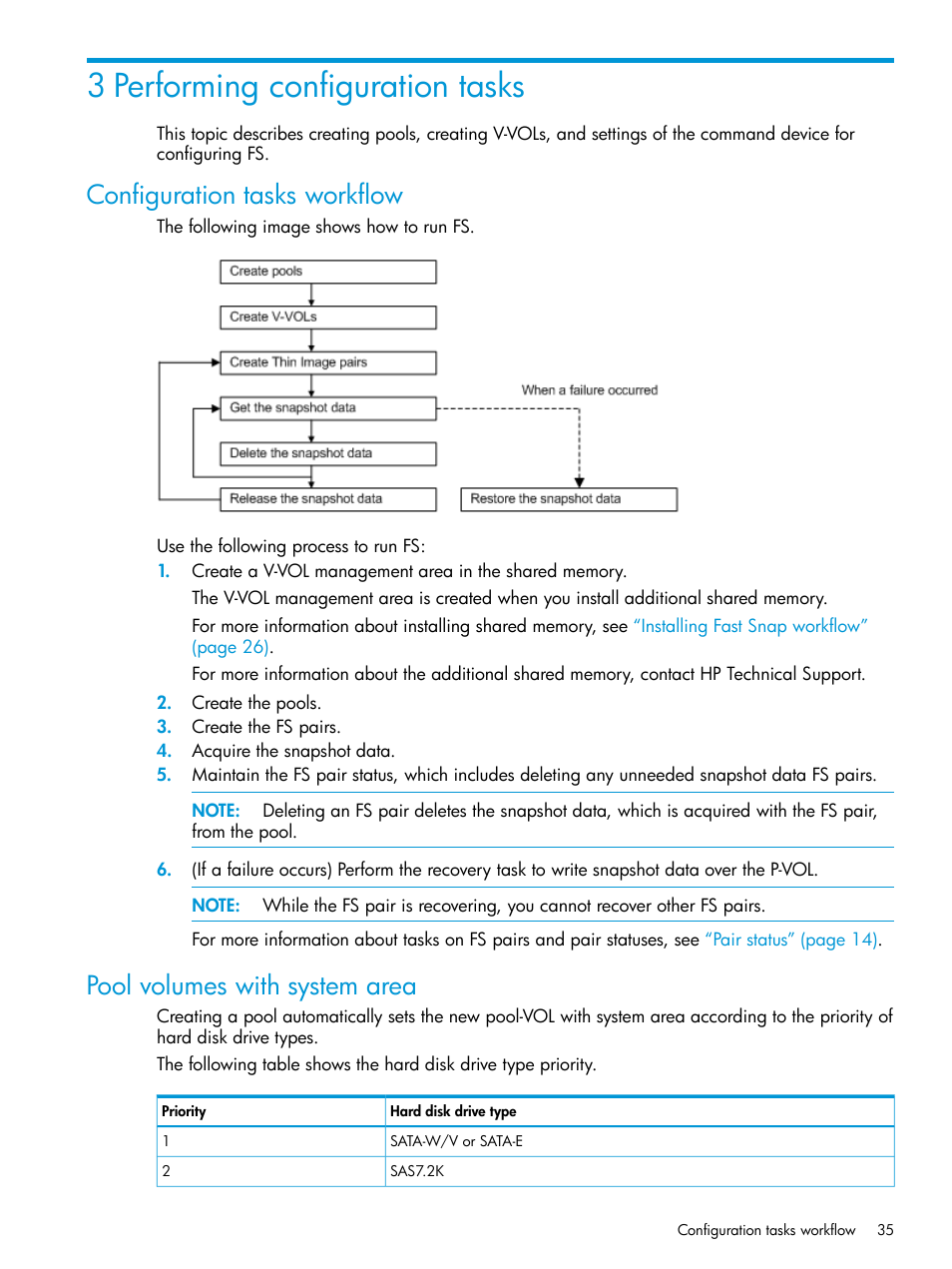 3 performing configuration tasks, Configuration tasks workflow, Pool volumes with system area | HP XP P9500 Storage User Manual | Page 35 / 116