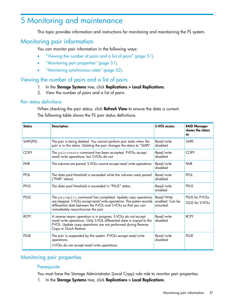 5 monitoring and maintenance, Monitoring pair information, Viewing the number of pairs and a list of pairs | Pair status definitions, Monitoring pair properties | HP XP P9500 Storage User Manual | Page 51 / 116