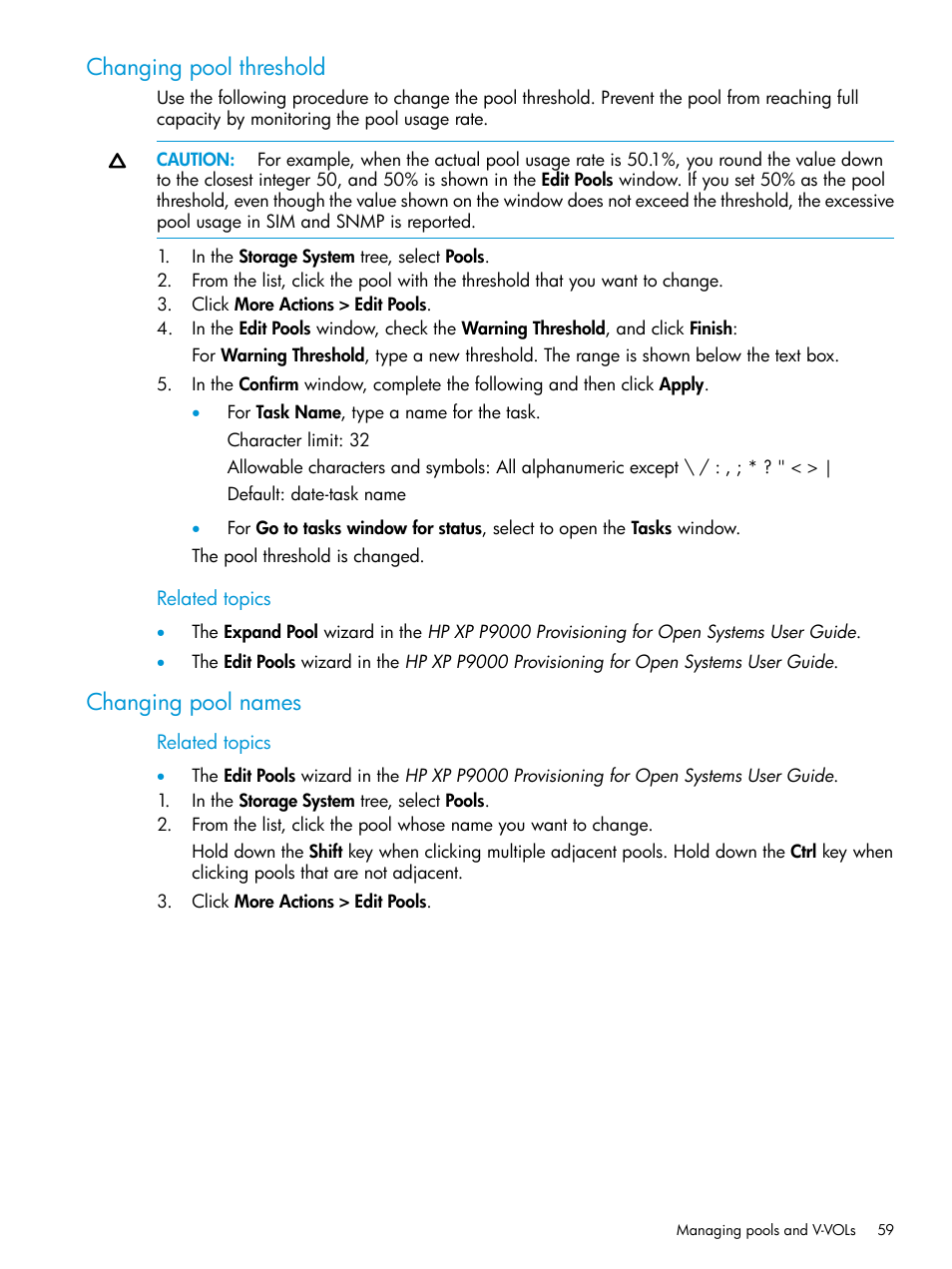 Changing pool threshold, Changing pool names, Changing pool threshold changing pool names | HP XP P9500 Storage User Manual | Page 59 / 116