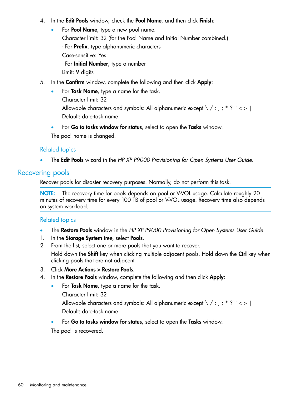 Recovering pools | HP XP P9500 Storage User Manual | Page 60 / 116