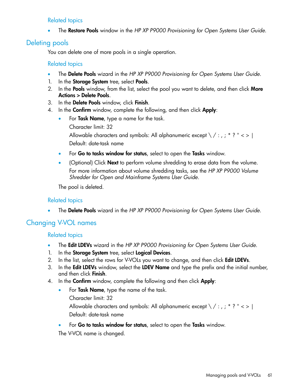 Deleting pools, Changing v-vol names, Deleting pools changing v-vol names | HP XP P9500 Storage User Manual | Page 61 / 116