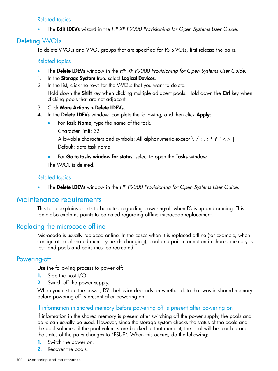 Deleting v-vols, Maintenance requirements, Replacing the microcode offline | Powering-off, Replacing the microcode offline powering-off | HP XP P9500 Storage User Manual | Page 62 / 116
