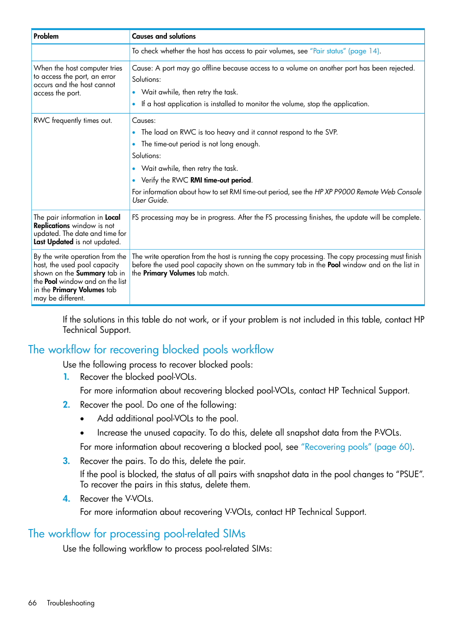 The workflow for recovering blocked pools workflow, The workflow for processing pool-related sims, The workflow for recovering | The workflow for processing pool-related | HP XP P9500 Storage User Manual | Page 66 / 116