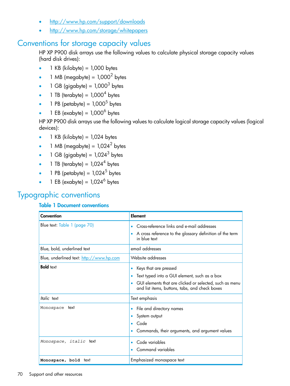 Conventions for storage capacity values, Typographic conventions | HP XP P9500 Storage User Manual | Page 70 / 116