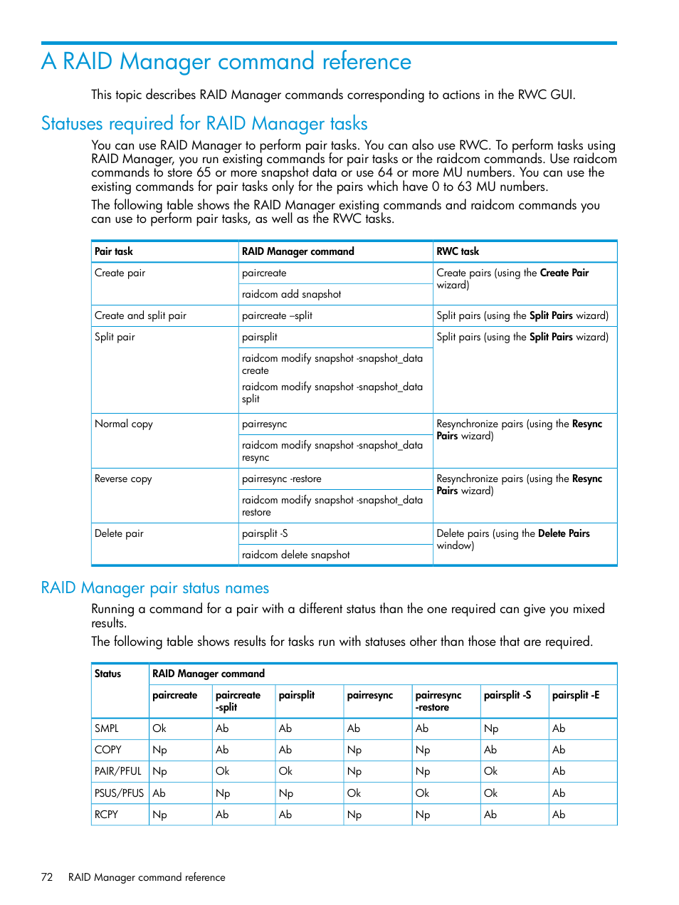 A raid manager command reference, Statuses required for raid manager tasks, Raid manager pair status names | HP XP P9500 Storage User Manual | Page 72 / 116