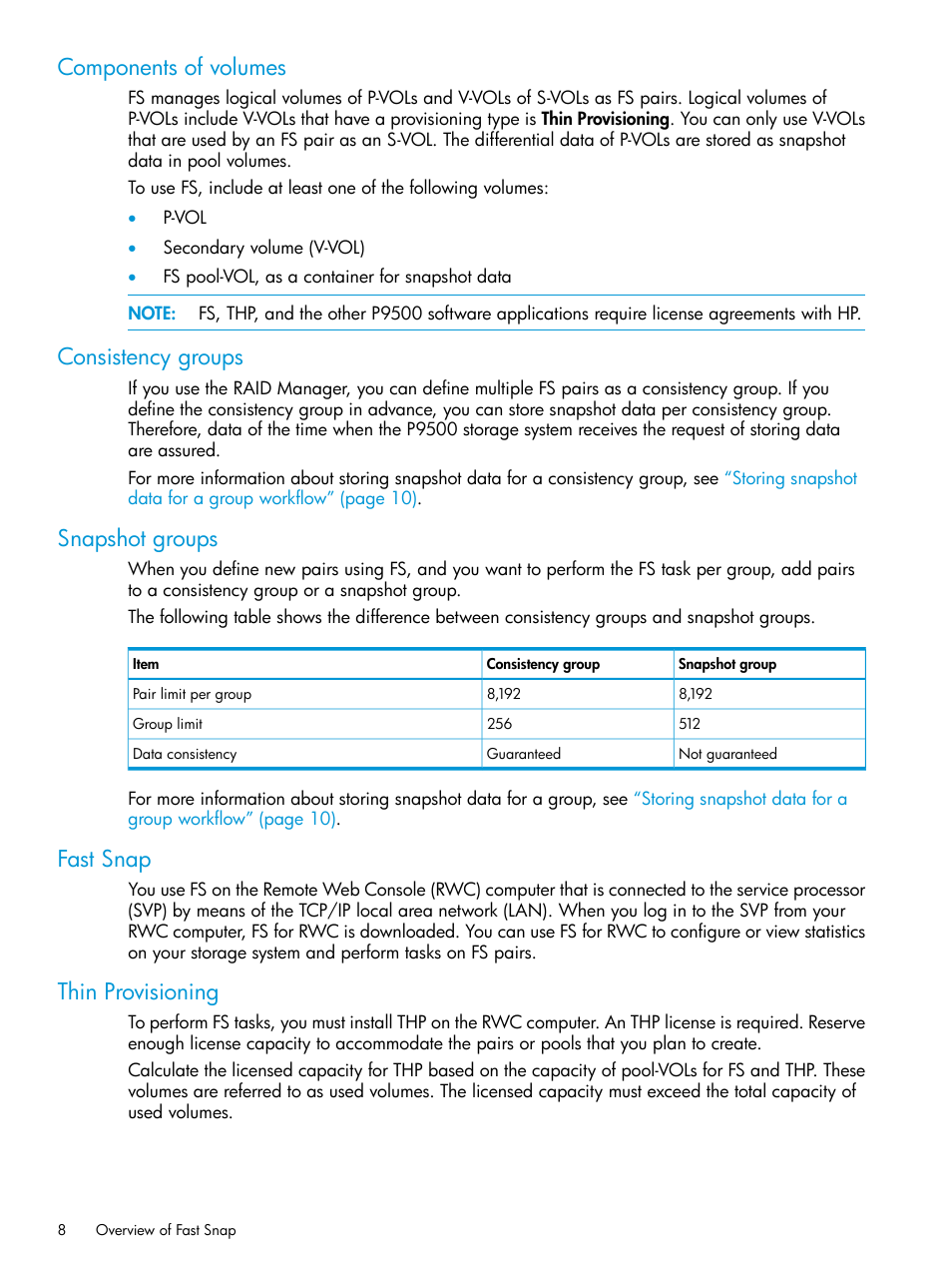 Components of volumes, Consistency groups, Snapshot groups | Fast snap, Thin provisioning | HP XP P9500 Storage User Manual | Page 8 / 116