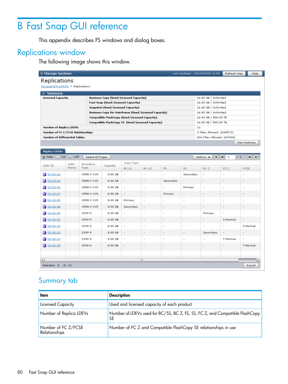 B fast snap gui reference, Replications window, Summary tab | HP XP P9500 Storage User Manual | Page 80 / 116
