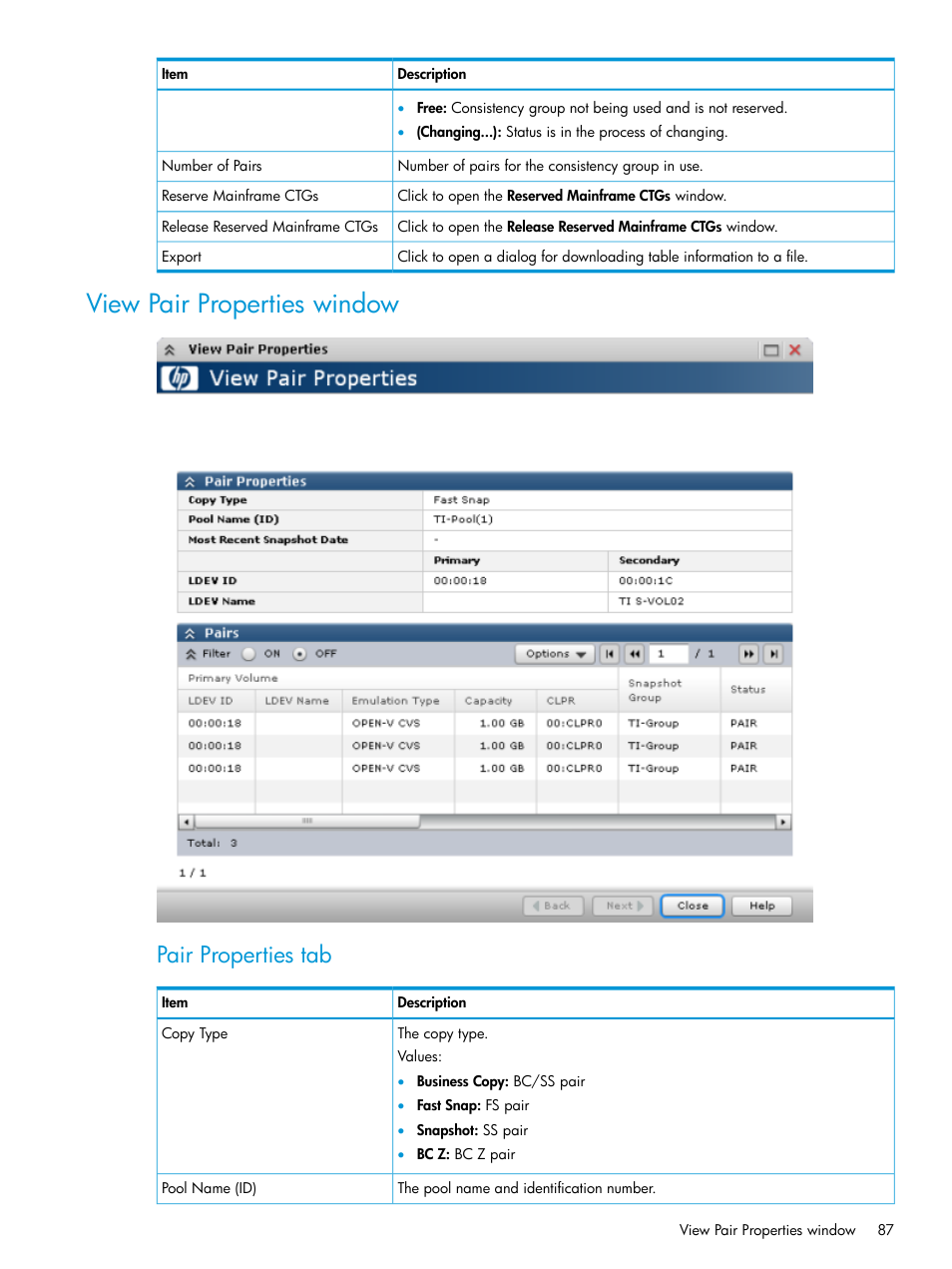 View pair properties window, Pair properties tab | HP XP P9500 Storage User Manual | Page 87 / 116