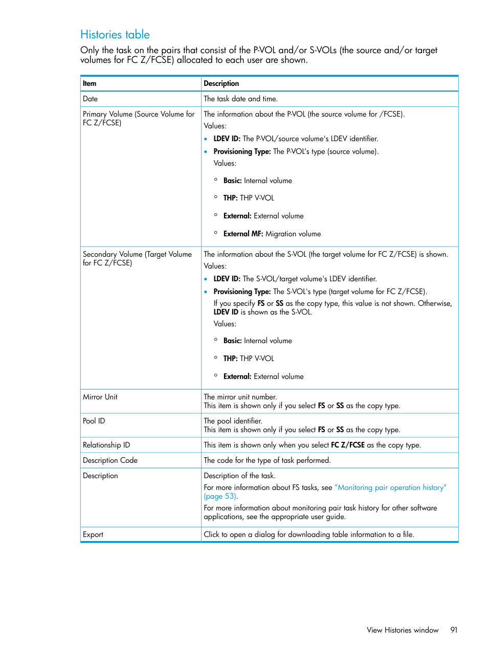 Histories table | HP XP P9500 Storage User Manual | Page 91 / 116