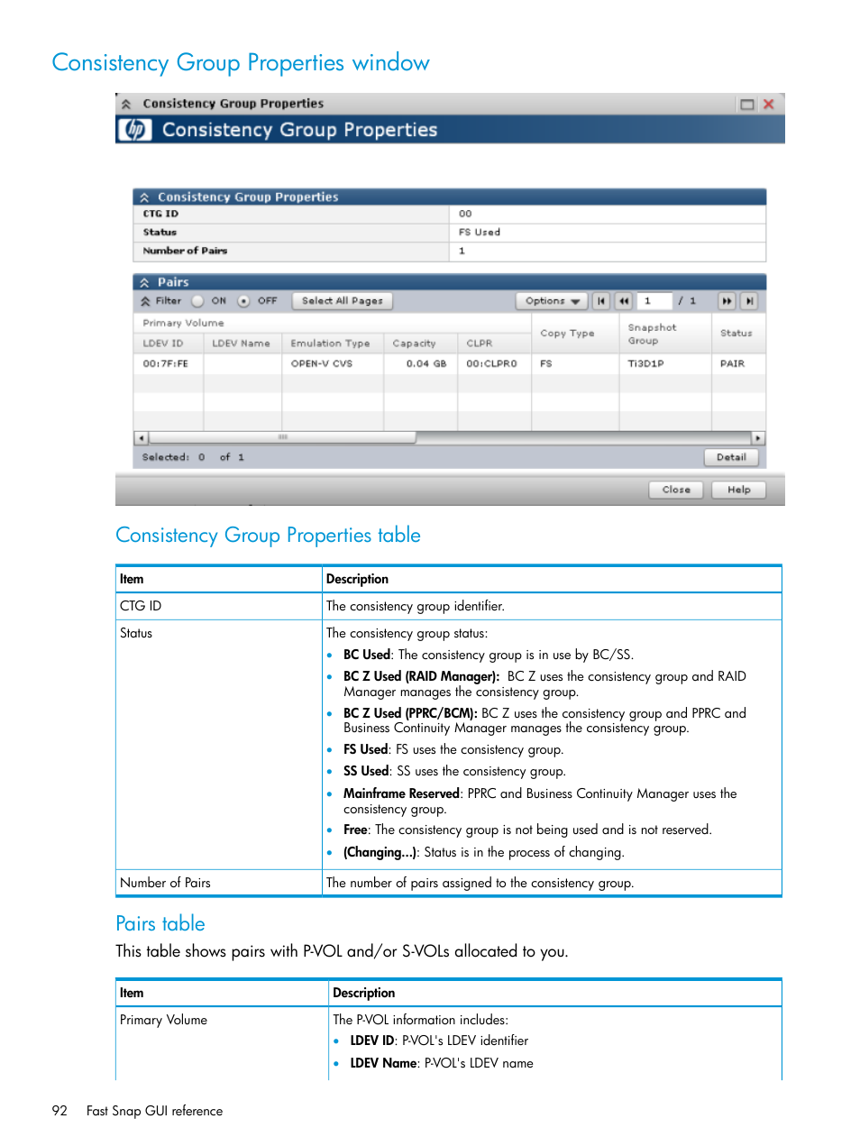 Consistency group properties window, Consistency group properties table, Pairs table | HP XP P9500 Storage User Manual | Page 92 / 116