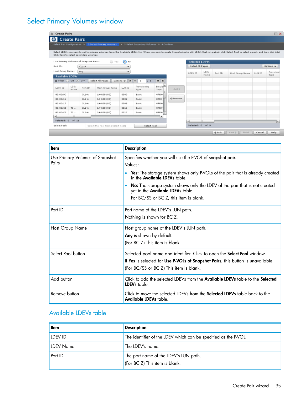 Select primary volumes window, Available ldevs table | HP XP P9500 Storage User Manual | Page 95 / 116