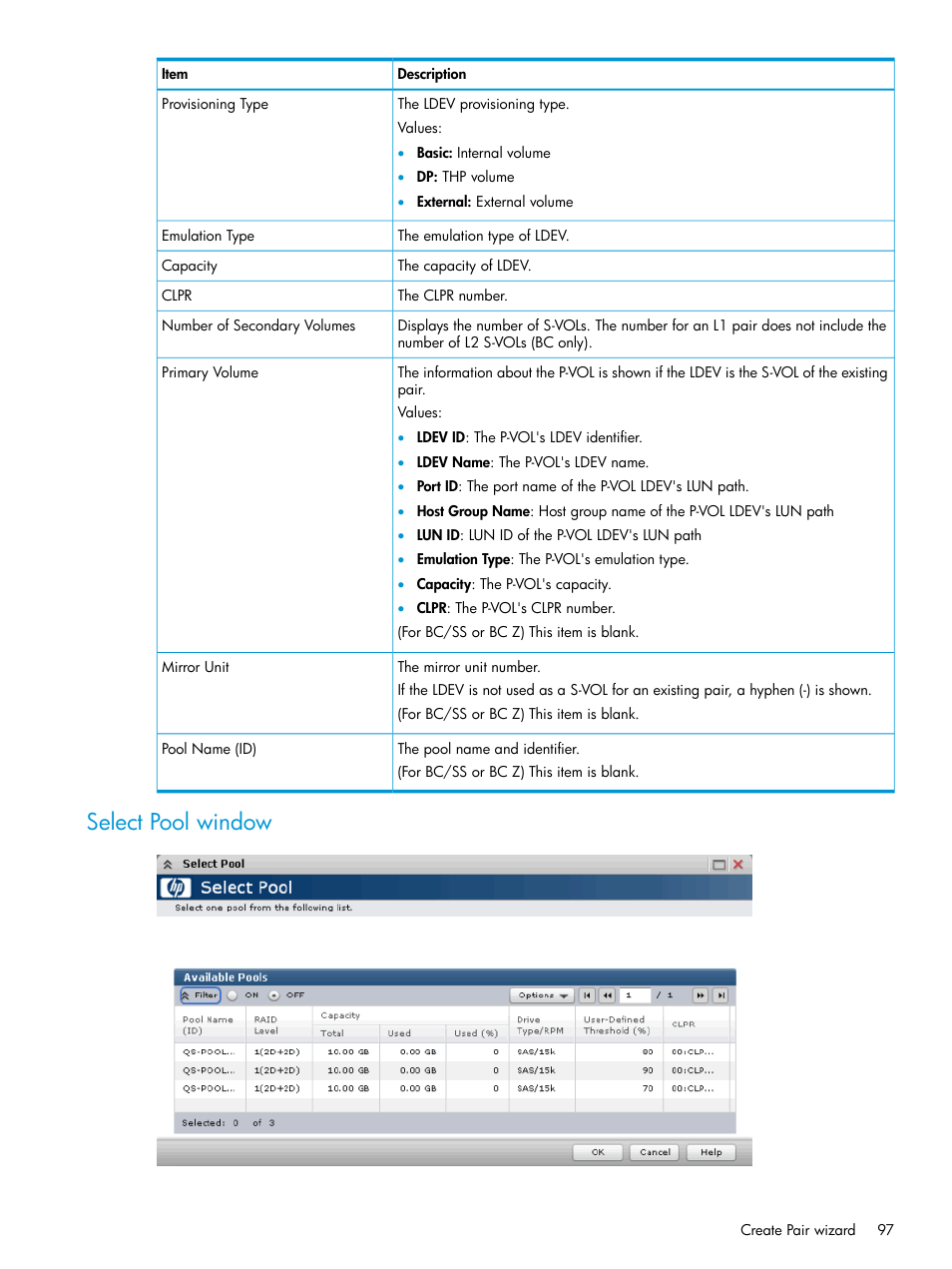 Select pool window | HP XP P9500 Storage User Manual | Page 97 / 116