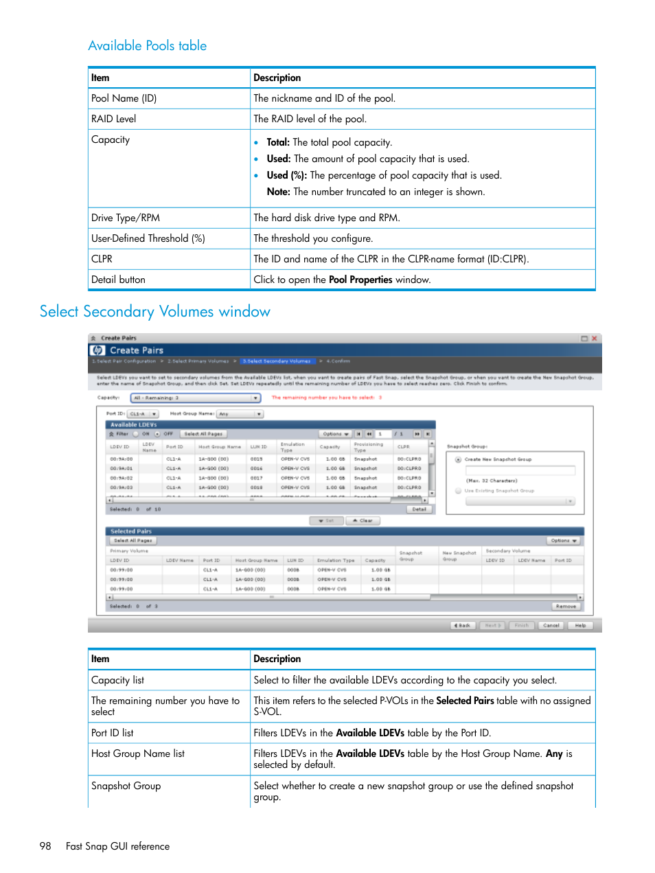 Select secondary volumes window, Available pools table | HP XP P9500 Storage User Manual | Page 98 / 116